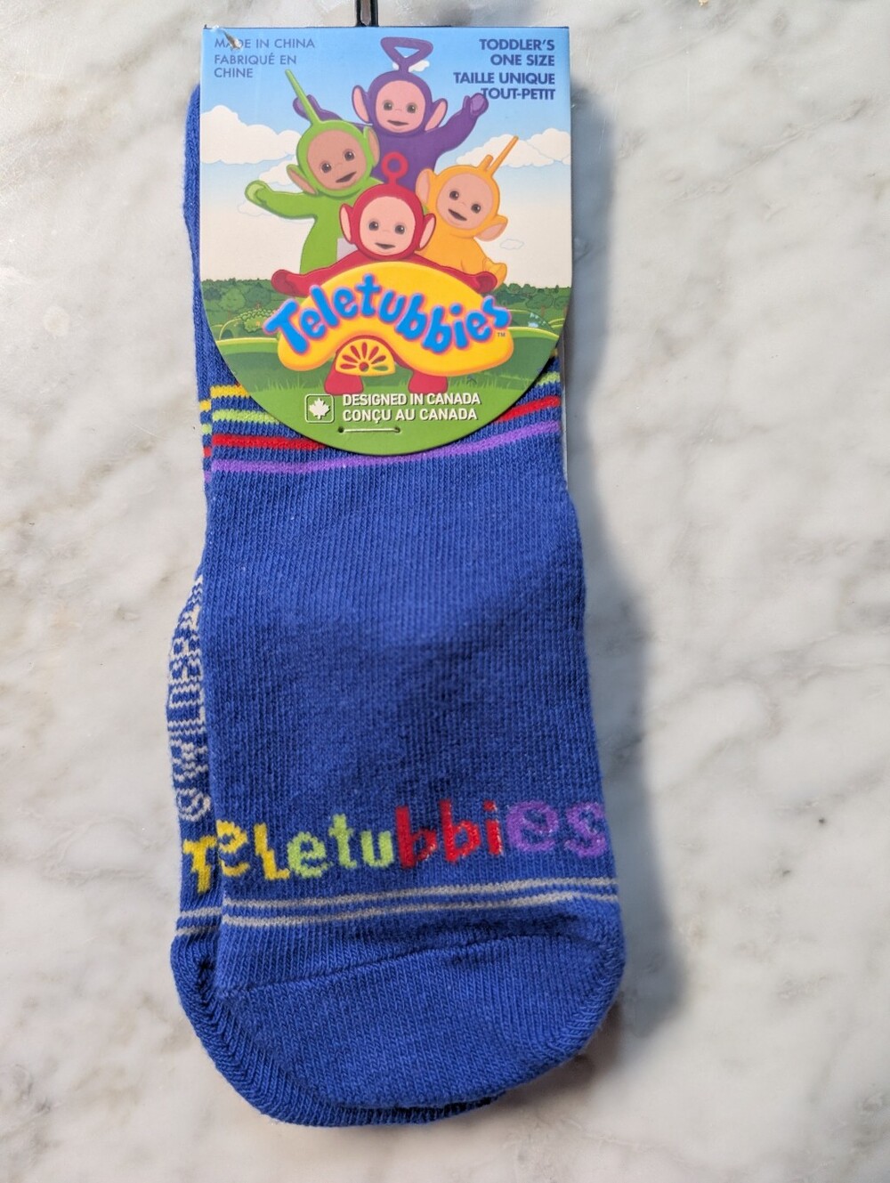 🆕 Teletubbies Toddler Crew Socks - Blue with Multicolor Logo & Stripes One Size